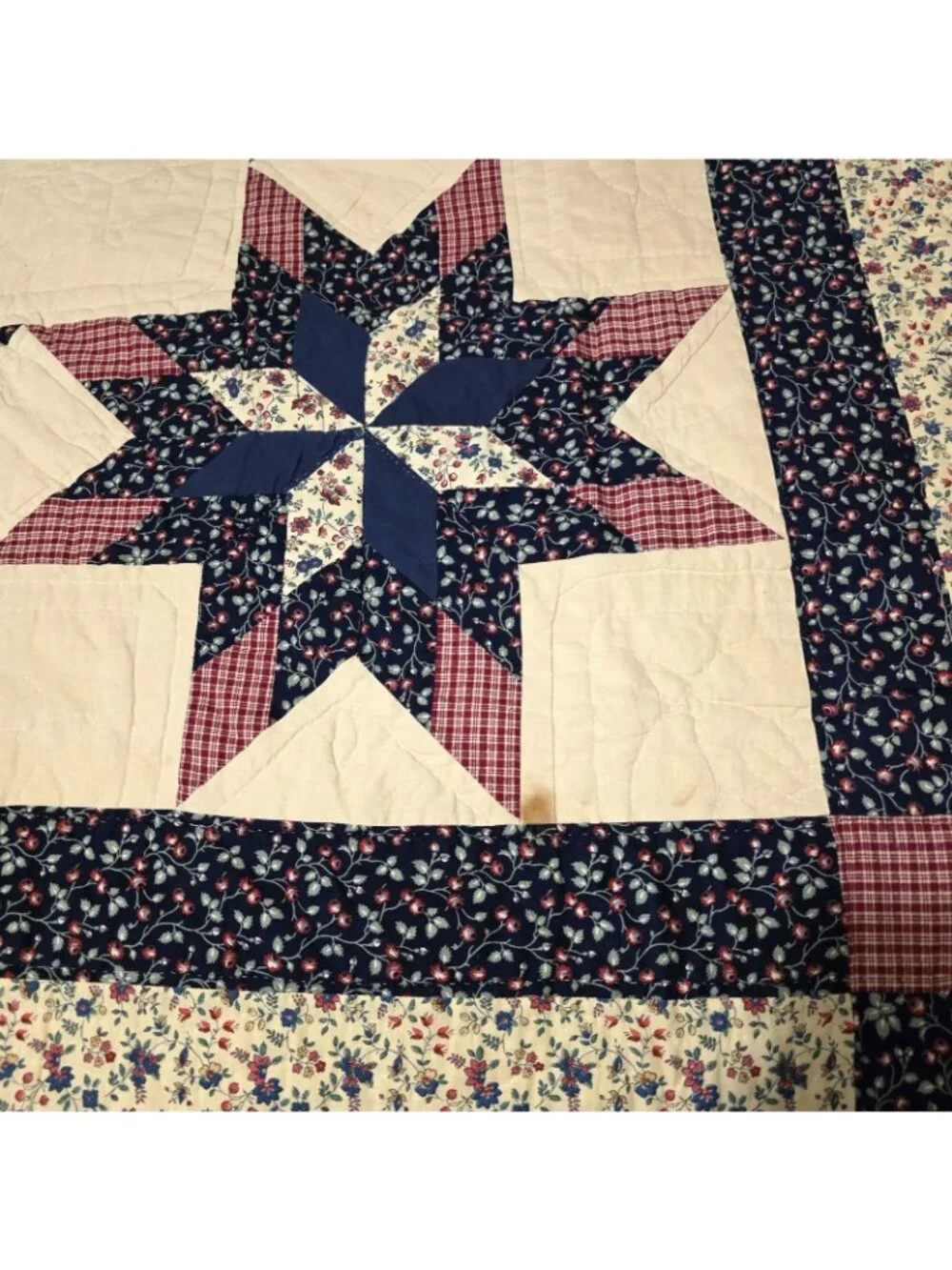 Vintage Arch Quilt 8 Point Star FULL QUEEN 84x84 Blue Floral Patchwork w. Shams
